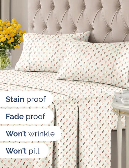 Floral Sheets - Flower Print Bed Sheet Set - 1 Flat, 1 Fitted & 2 Pillowcases w/ Deep Pockets - Comfy, Cozy, Wrinkle & Fade Free - Boho Botanical Bedding - Soft, Breathable & Cooling - Full Size Set