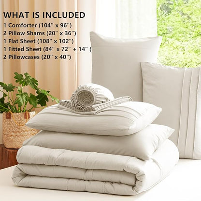 CozyLux California King Comforter Set Beige, 7 Pieces Pinch Pleat Bed in a Bag Cal King Comforter Set with Sheets, Boho Bed Sets with Down Alternative Comforter, Sheets, Pillowcases & Shams