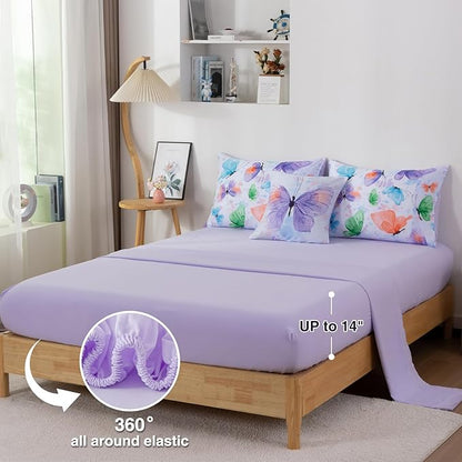 A Nice Night 6pcs Bed in A Bag Watercolor Ink Wash Tie-Dye Butterfly Flying Printed, Butterflies Bedding Comforter Set, Purple Green Twin
