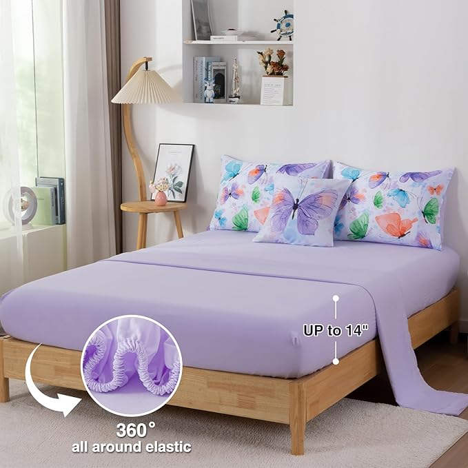 A Nice Night 6pcs Bed in A Bag Watercolor Ink Wash Tie-Dye Butterfly Flying Printed, Butterflies Bedding Comforter Set, Purple Green Full