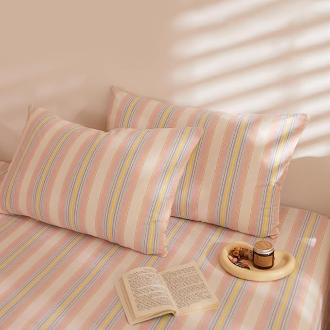 Pink and Yellow Striped Comforter Sets King Fluffy Down Alternative Bedding Set Cute Cozy Washed Cotton Bedroom Bedding Comforter Sets Boho Chic Soft Comfy Bed Comforter with 2 Pillowcases