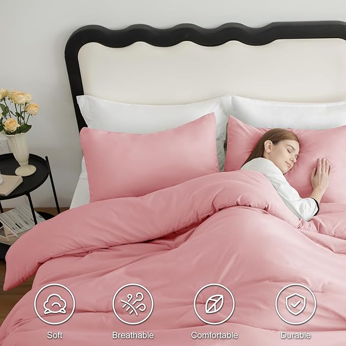 CozyLux Full Size Comforter Set Pink, 3 Pieces Solid Breathable Quilted Bedding Sets, Luxury Lightweight Soft Bed Set with Down Alternative Comforter and 2 Pillowcases for All Seasons