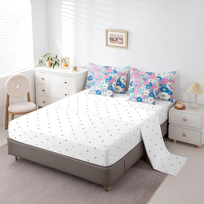 Groovy Flowers Comforter Set Bed in a Bag 7 Pieces Twin,Red Hippie Flowers 70s 80s Floral Bedding Set,Blue Pink Daisy Botanical (Comforter+Fitted+Flat Sheet+2 Pillowcases+2 Throw Pillow Covers)
