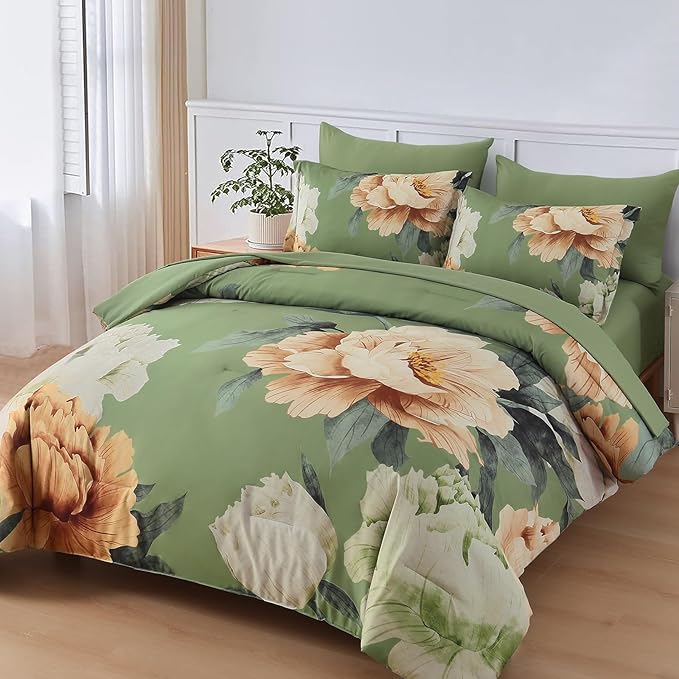 Dobuyly King Size Comforter Set 7 Piece Bed in a Bag, Olive Green Floral Comforter Set with Sheets, Soft Microfiber Botanical Flower Bedding Set for All Season