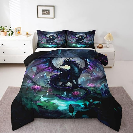 Feelyou Dragon Comforter Set Full Size Dragon Stuff Bedding Set for Kids Boys Girls Wild Life Duvet Quilt Magic Wildlife Bedroom Decor Black Purplish 3 Pcs with 2 Pillow Cases