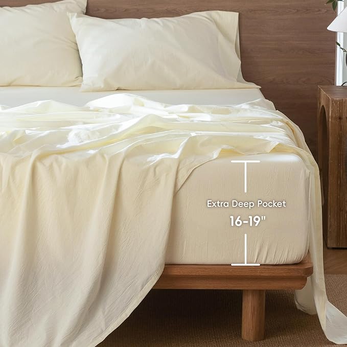 MooMee Fitted Bottom Sheet Only 100% Washed Cotton Linen Like Textured Breathable Durable Soft Comfy Deep Pocket Fits Mattress up to 17" (Cream White, Twin)