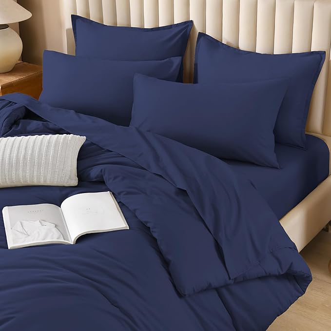 Litanika King Size Comforter Set Navy Blue - 7 Pieces Bed in a Bag King Bedding Comforter Sets, Solid Lightweight Bed Set with Comforter, Sheets, Pillowcases & Shams