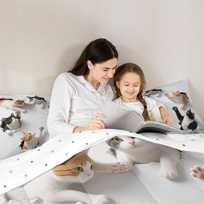 Erosebridal Kawaii Cats Bedding Set King Size 3D Kitten Comforter Set for Kids Boys Girls Paw Cute Pet Animal White Yellow Black Comforter Warm Soft Quilt Insert