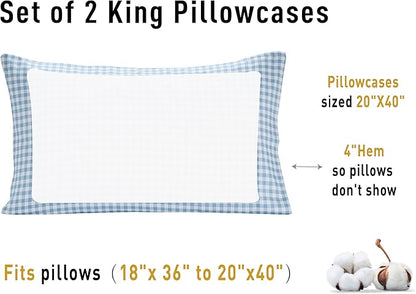 Sunflower King Pillowcases Set of 2, 100% Cotton King Size Pillow Cases 2, 20×40 inches Glacier Check, Soft and Breathable