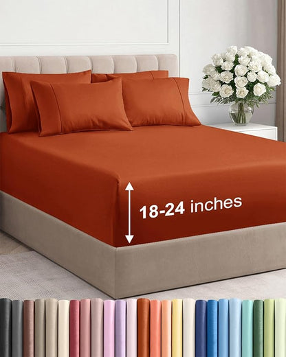 Extra Deep Full Sheet Set - 6 Piece Breathable and Cooling Sheets - Hotel Luxury Bedding for Women, Men, Kids & Teens - Easy & Secure Fit - Soft, Wrinkle Free & Comfy - Extra Deep Pockets - Terracotta