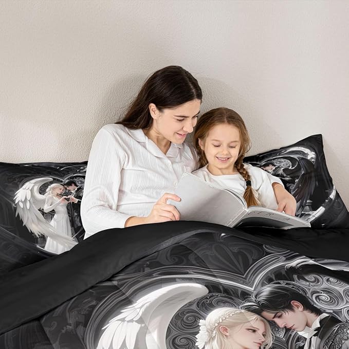 Erosebridal Angel Wings Kids Bedding | Black and White Angel Comforter Sets King,Romance Love Comforter Princess Fairy Style Duvet Insert with 2 Pillow Cases