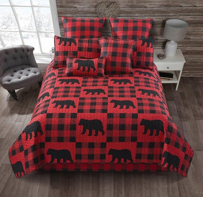 Virah Bella 2 Piece Twin Lodge Quilt Bedding Set - Buffalo Bear Plaid Red - Rustic Cabin Country Reversible Camping Comforter Set with Decorative Pillow Shams, Red/Black