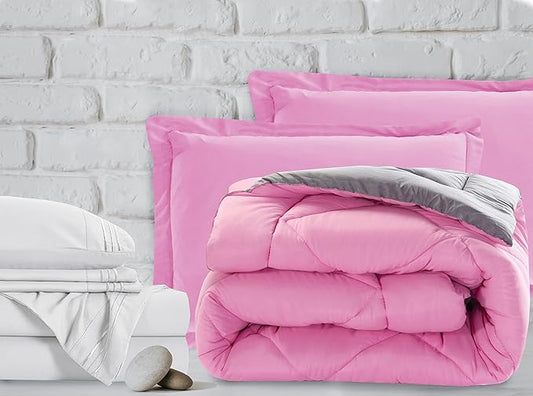 Elegant Comfort 7-Piece Bed-in-a-Bag Comforter & Sheet Set- Luxury 1500 Thread Count 7-Piece Cali King Size Bed-in-a-Bag, Cozy Bed Sheets and Comforter Set, Wrinkle and Stain Resistant, Pink/Gray