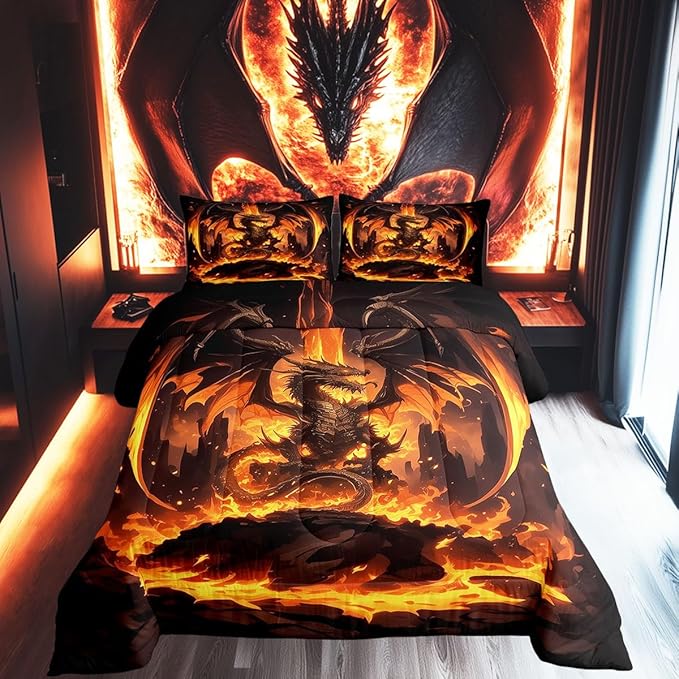Castle Fairy Dragon Boys Kids Comforter Set Full Size,Orange Fire Western Animals Duvet Set Room Decor,Flames Dragon Brushed Microfiber Soft Bedding Comforter