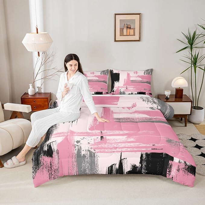 Erosebridal Abstract Pink Comforter Set Toddler Size Girly Black and Pink Comforter Set for Teens Girls Kids Geometric Modern Bedding Sets Minimalists Modern Striped Art Bed Sets for Women Men