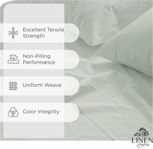 Linen Home 100% Cotton Percale Sheets Full Size, Dove Grey, Deep Pocket, 4 Pieces Set - 1 Flat, 1 Deep Pocket Fitted Sheet and 2 Pillowcases, Crisp Cool and Strong Bed Linen