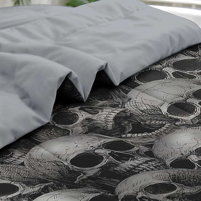 Comforter Set Queen Size, Skeleton Retro 7 Pcs Bedding for Adults, Spooky Horror Gothic Bed Sheet Sets with Fitted Sheet 2 Pillowcases & 2 Shams for Bedroom Bed Decor