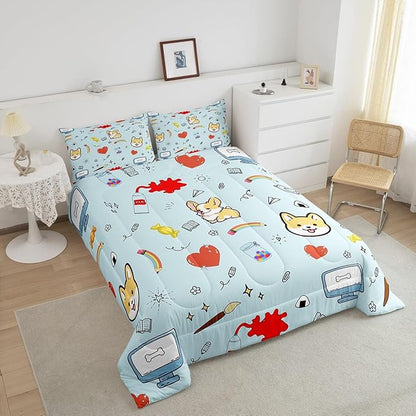 Cartoon Dog Bed Comforters Set Queen Size,Hippie Graffiti Painting Super Soft Bedding Set for Boys Girls,Kawaii Puppy Pet Theme Room Decorative Comforter Set,2 Pillowcase