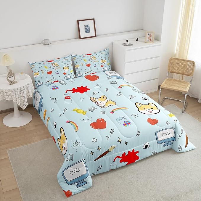 Cartoon Dog Comforter Set for Kids,Hippie Graffiti Painting Bedding Sets Teens Cute Room Decor,Kawaii Puppy Pet Theme Duvet Set Quilt Set Twin 1 Comforter with 1 Pillow Case