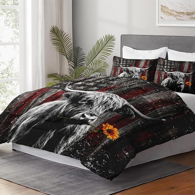 King Size Comforter Set with 2 Pillowcases, Highland Cow Animal 3 Pcs Bedding for Kids and Adults, Farm American Flag Soft Comforter Set for Bedroom Bed Decor