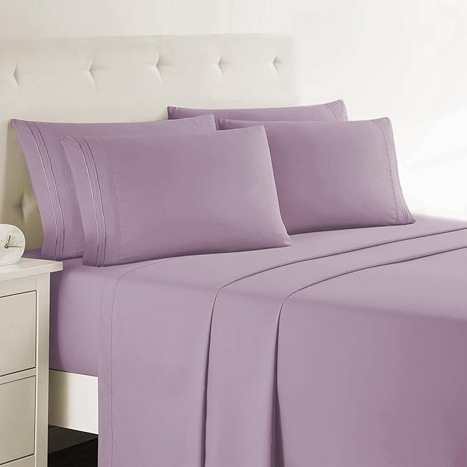 Clara Clark Cal King Sheets - Hotel Luxury 6 Piece Bed Sheets for Cal King Size Bed - Soft Bedding Sheets & Pillowcases, Fits Mattress up to 16 inch deep. California King, Dusty Purple
