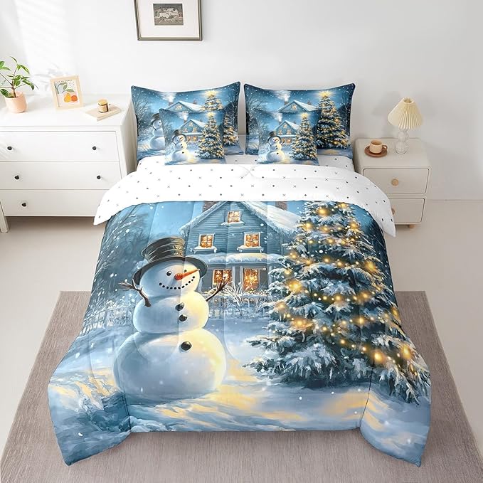 Christmas Night Full Comforter Set with Sheets Bed in a Bag 7 Pcs,Cartoon Xmas Snowman Winter Snow Bed Set,Farmhouse Style Bedding Sets with Comforter,Flat,Fitted Sheet,Pillowcases,Pillow Covers