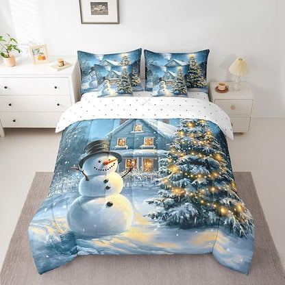 Christmas Night Full Comforter Set with Sheets Bed in a Bag 7 Pcs,Cartoon Xmas Snowman Winter Snow Bed Set,Farmhouse Style Bedding Sets with Comforter,Flat,Fitted Sheet,Pillowcases,Pillow Covers