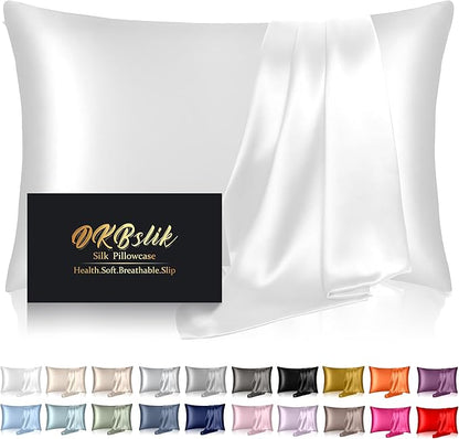 Silk Pillowcase for Hair and Skin, Mulberry Silk Pillow Cases Queen Size, Anti Acne Cooling Beauty Sleep Both Sides Natural Silk Satin Pillowcases with Hidden Zipper, Gifts for Women Men, White