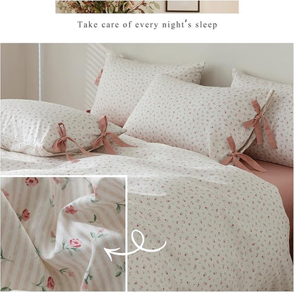 HighBuy Boho Floral Comforter Set Queen Floral Cottagecore Bedding Comforter Set with 2 Bowknot Bow Tie Pillowcases Pink Floral Queen Comforter Sets Coquette Bedding Sets for Women Girl Fluffy