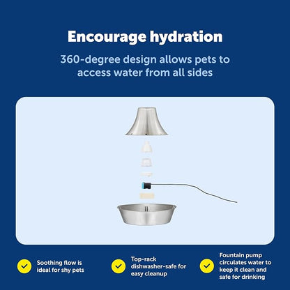 PetSafe Seaside Stainless Cat & Dog Fountain, 60 oz, 2 Filters & Pump | 60 Oz Capacity, 360-Degree Flow, Triple-Filter with 2.5x More Activated Carbon, Scratch/Rust-Resistant Stainless Steel