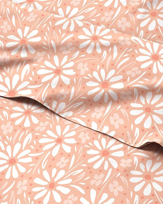 Floral Sheets - Pink & White Bed Sheet Set - 1 Flat, 1 Fitted & 2 Pillowcases w/ Deep Pockets - Comfy, Cozy, Wrinkle & Fade Free - Boho Botanical Bedding - Soft, Breathable & Cooling - King Size Set