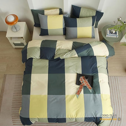 mixinni Queen Comforter Set Men Boys Geometric Checkered Plaid Pattern Bedding Comforter for All Season Soft Lightweight Bedding Set-(Queen Size, Green,Yellow,Khaki)