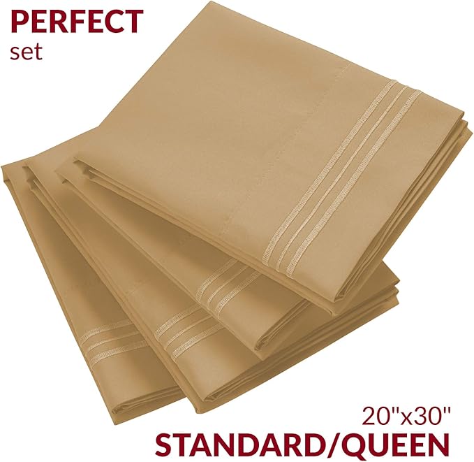 Mellanni Pillow Cases Set - 4 PC Iconic Collection Pillowcases - Hotel Luxury, Extra Soft, Cooling Pillow Covers - Wrinkle, Fade, Stain Resistant (Standard/Queen 20" x 30", Beige)