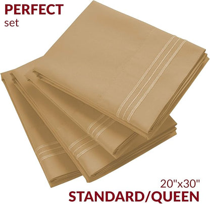 Mellanni Pillow Cases Set - 4 PC Iconic Collection Pillowcases - Hotel Luxury, Extra Soft, Cooling Pillow Covers - Wrinkle, Fade, Stain Resistant (Standard/Queen 20" x 30", Beige)