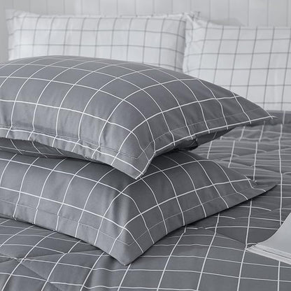 Andency Grey Grid Comforter Set King Size (104x90 inch), 3 Pieces (1 Grey Comforter and 2 Pillowcases), Summer Lightweight Microfiber Down Alternative Bedding Comforter Sets with White Lines