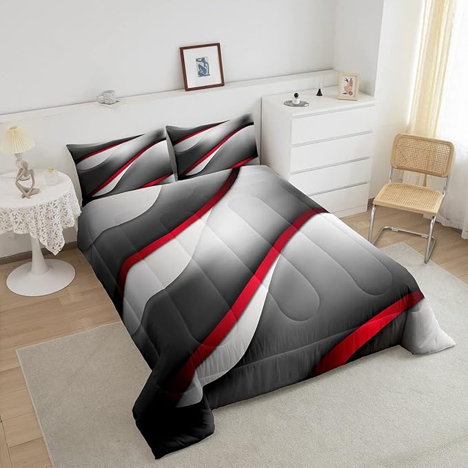 Castle Fairy Modern Gray Red Black Comforter Set Queen Size Abstract Stripes Quilt Set 3pcs for Kids Youth Men Women Bedroom Decor 3D Stripes Bedding Set Gradient Simple Duvet Insert,2 Pillowcases