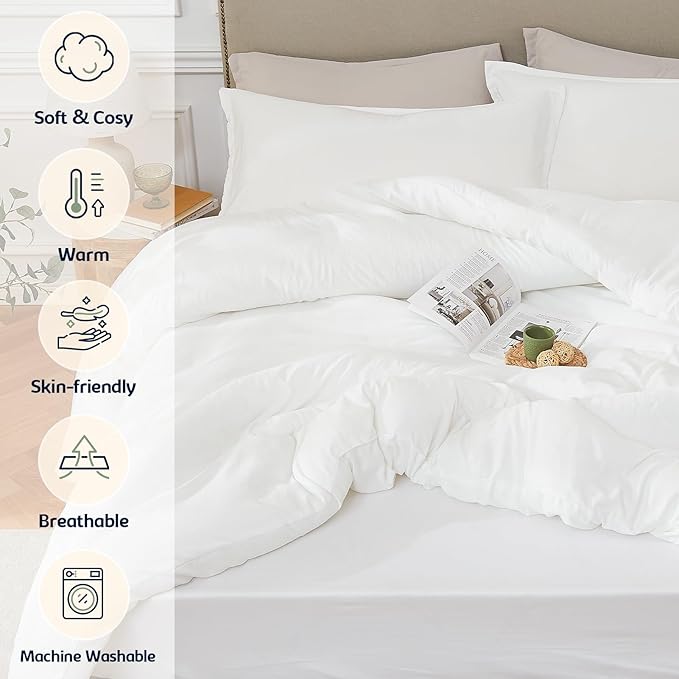 Twin Comforter Set White,2PCS Soft Lightweight Breathable Bedding Comforter Sets for All Season, Twin Size(68''×90'' Comforter & 1 Pillowcase)