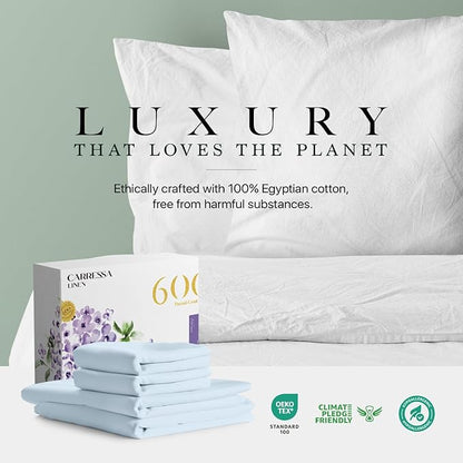 Carressa Linen Luxury Egyptian Cotton 4 PC Queen Size Sheet Set - 600 Thread Count Deep Pocket Fitted and Flat Sheets, Soft, Cooling Extra Long Staple Hotel Bedding with Sateen Weave, Sky Blue