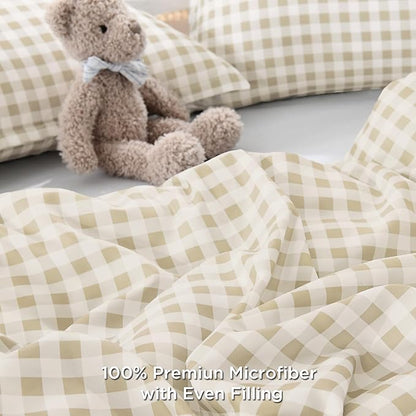 Andency Beige Gingham Comforter Set Twin(66x90Inch), Cream Checkered Grid Plaid Buffalo Bed Set for Girls Boys Kids Teens, 2 Pieces Lightweight Polyester Geometric Preppy Bedding