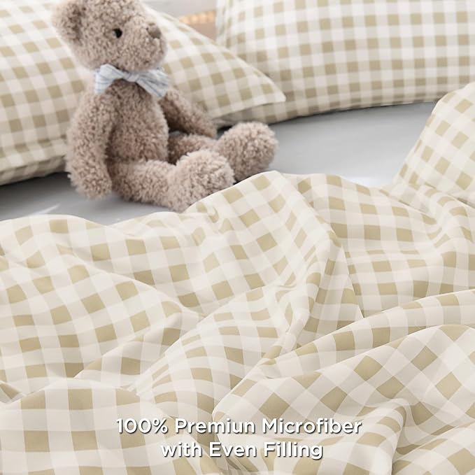 Andency Beige Gingham Comforter Set Full(79x90Inch), Cream Checkered Grid Plaid Buffalo Bed Set for Girls Boys Kids Teens, 3 Pieces Lightweight Polyester Geometric Preppy Bedding
