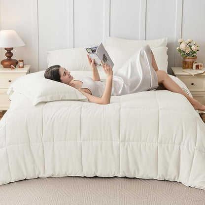 JOLLYVOGUE King Comforter Set, Ultra-Soft Bed in a Bag King Size 7 Pieces, Oeko-TEX Certified Bedding Set with Down Alternative Comforter, Sheets, Pillowcases & Shams, Ivory