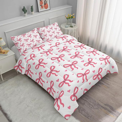 Pink Bowknot Comforter for Girls,3 Pieces Princess Bowknot Bedding Queen Size,Kawaii Bow-tie Bed Set for Kids Women,Pink Cute Bow Bedding,Girls Bedroom Comforter Set 1 Quilt 2 Pillowcases