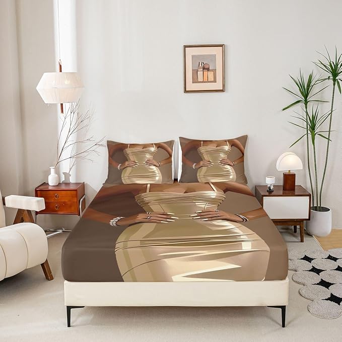 Erosebridal Fashion Black Woman Fitted Sheet for Kids Vogue Black Girls Queen Bedding Set Fashionable Gorgeous Bed Sheets for Girls Women Teens Romantic Fashion Theme Sheets with 2 Pillow Cases