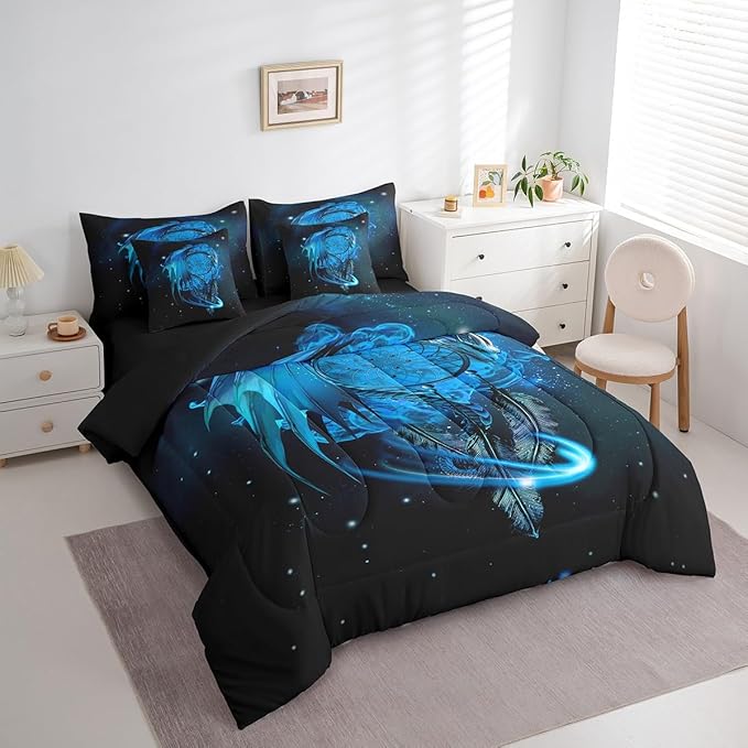 Erosebridal Gothic Dragon Dream Catchers Bed in a Bag Queen Comforter Set 7 Piece,Blue Galaxy Bohemian Feather Bedding Sets Antique Animal Pterosaur Sheet Set with Comforter