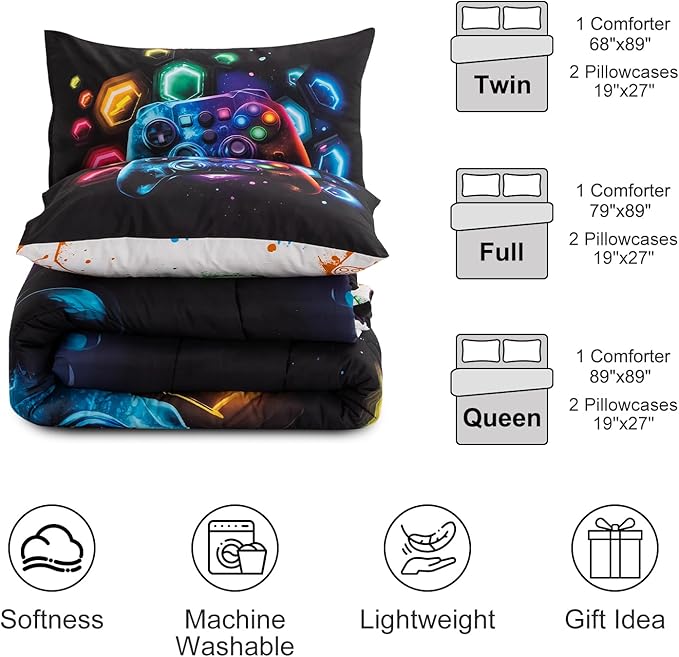 Aimuan Game Console Comforter Set for Boys Girls Kids Space Universe Gaming Geometric Lightweight Microfiber Gamer Bedding Sets (Black-Multi, Twin 3PCS)