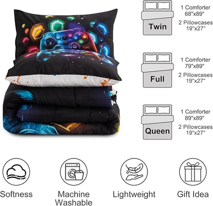 Aimuan Game Console Comforter Set for Boys Girls Kids Space Universe Gaming Geometric Lightweight Microfiber Gamer Bedding Sets (Black-Multi, Twin 3PCS)