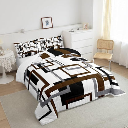 Erosebridal Geometric Comforter Set for Adult,Vintage Black and Grey Brown Bedding Set Full Size,Modern Farmhouse Quilt Set Home Room Decor,Grid Pattern Duvet Insert with 2 Pillow Shams All Season