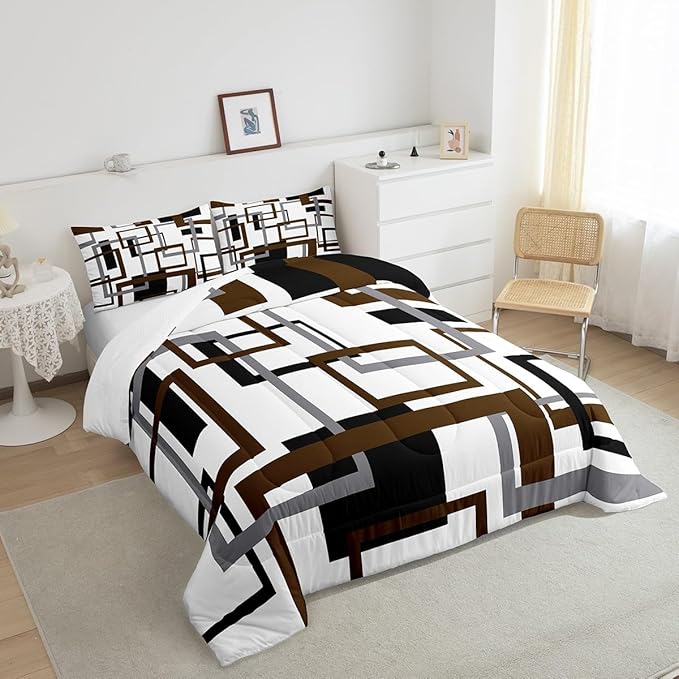 Erosebridal Geometric Comforter Set for Adult,Vintage Black and Grey Brown Bedding Set Twin Size,Modern Farmhouse Quilt Set Home Room Decor,Grid Pattern Duvet Insert with 1 Pillow Sham All Season