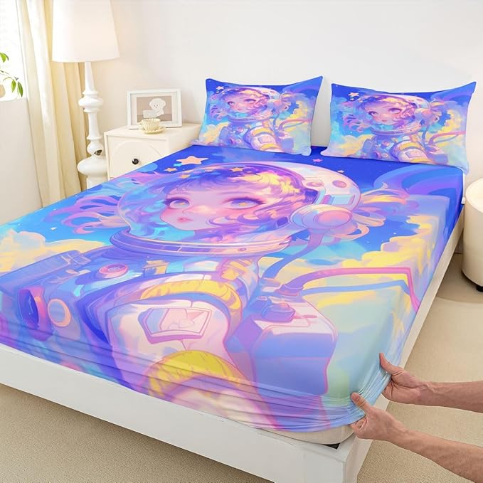 Erosebridal Watercolor Anime Girl Bedding Set, 3D Anime Fitted Sheet 2Pcs Cosmo Galaxy Sci-Fi Virtual Reality Sheets for Boys Girls Graffti Stars Print Bed Sheets Twin, No Top Sheet