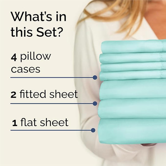 Split King 7 Piece Sheet Set - Comfy Breathable & Cooling - Soft Hotel Luxury Bedding Set with 8-16 Inch Deep Pockets - 1 Flat & 2 Fitted Sheet & 4 Pillowcases - Wrinkle Free & Easy Care - Spa Blue